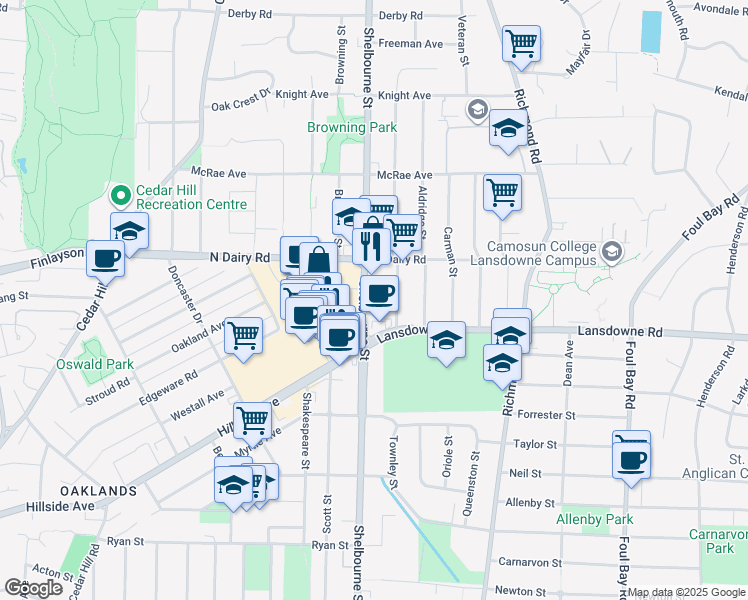 map of restaurants, bars, coffee shops, grocery stores, and more near 3159 Shelbourne Street in Victoria