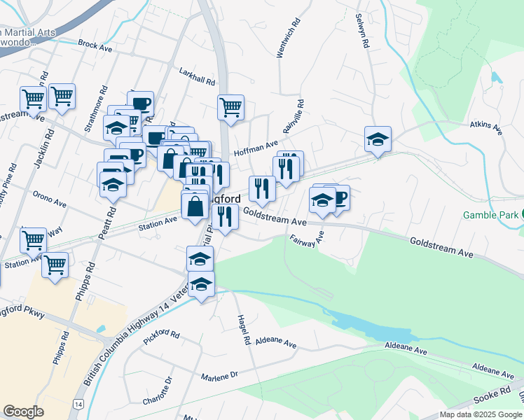 map of restaurants, bars, coffee shops, grocery stores, and more near 662 Goldstream Avenue in Victoria