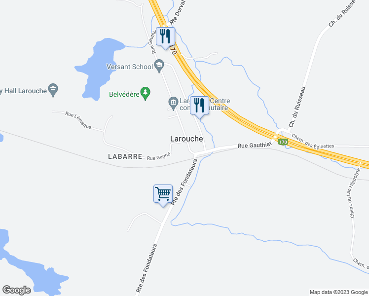 map of restaurants, bars, coffee shops, grocery stores, and more near 633 Rue Gauthier in Larouche