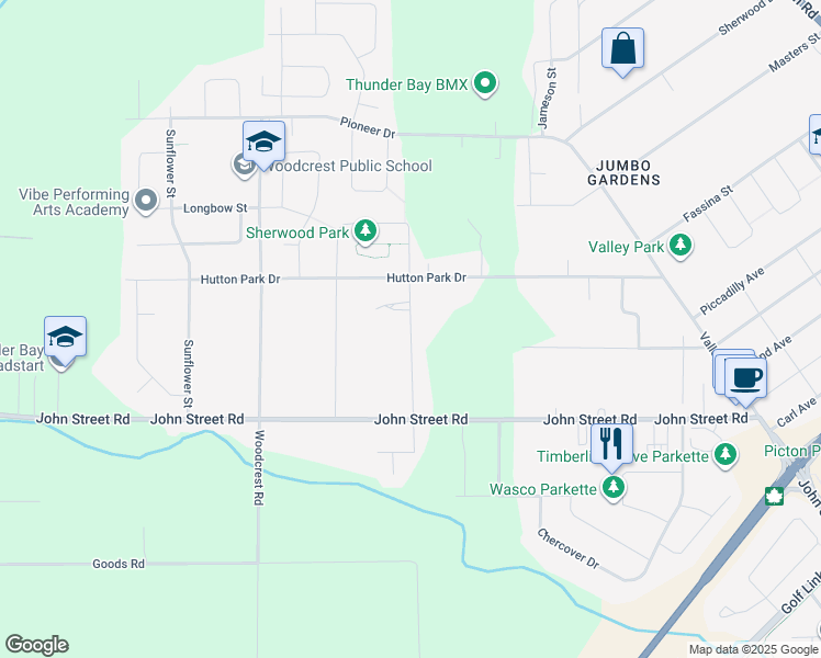 map of restaurants, bars, coffee shops, grocery stores, and more near Mercier Street in Thunder Bay