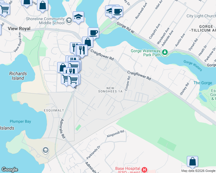 map of restaurants, bars, coffee shops, grocery stores, and more near 39 1545 Middle Road in Victoria