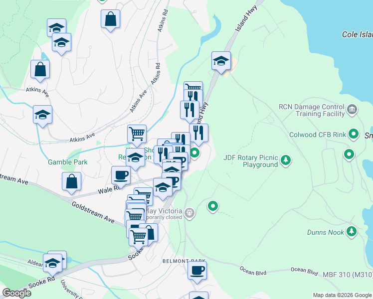 map of restaurants, bars, coffee shops, grocery stores, and more near 1772 Old Island Highway in Victoria