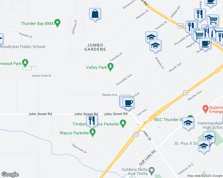 map of restaurants, bars, coffee shops, grocery stores, and more near 179 Valley Street in Thunder Bay