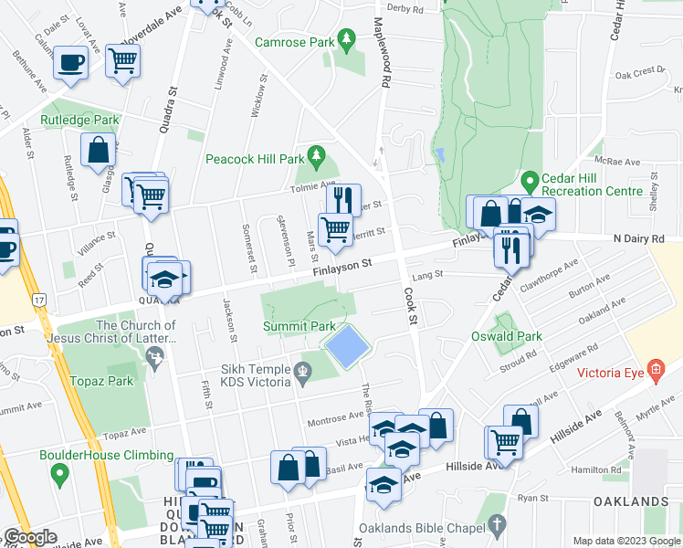 map of restaurants, bars, coffee shops, grocery stores, and more near 1249 Finlayson Street in Victoria