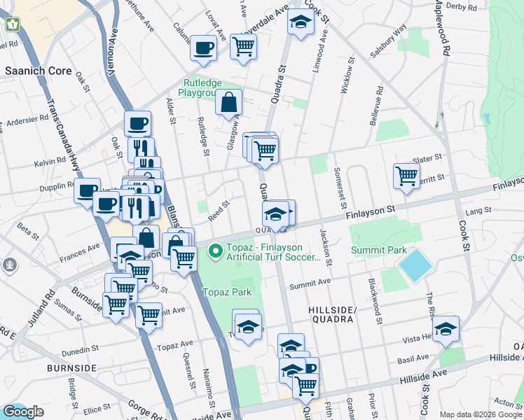 map of restaurants, bars, coffee shops, grocery stores, and more near in Victoria