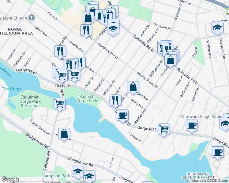 map of restaurants, bars, coffee shops, grocery stores, and more near 2972 Earl Grey Street in Victoria