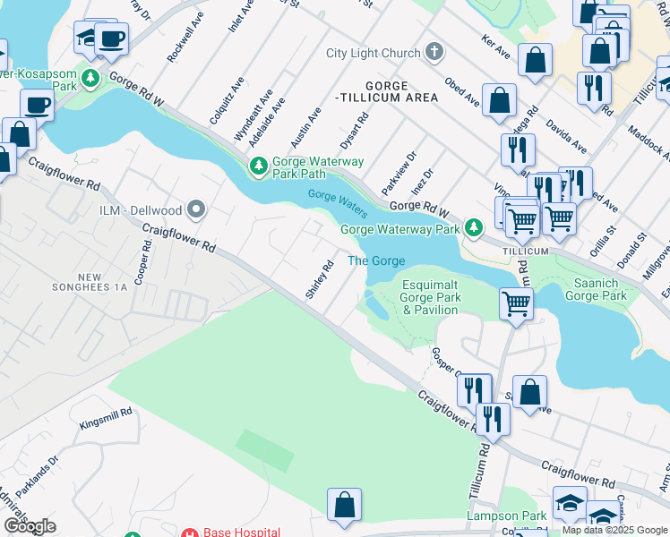 map of restaurants, bars, coffee shops, grocery stores, and more near 925 Shirley Road in Victoria