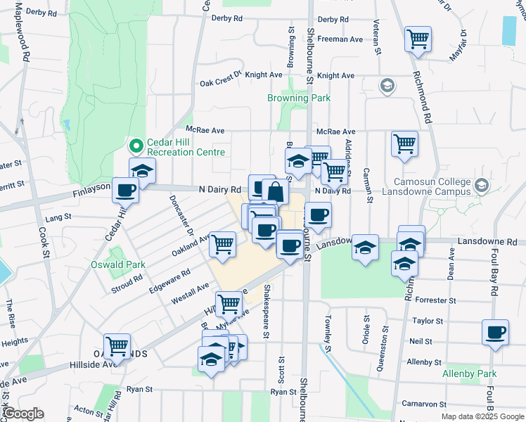 map of restaurants, bars, coffee shops, grocery stores, and more near 1644 Hillside Avenue in Victoria
