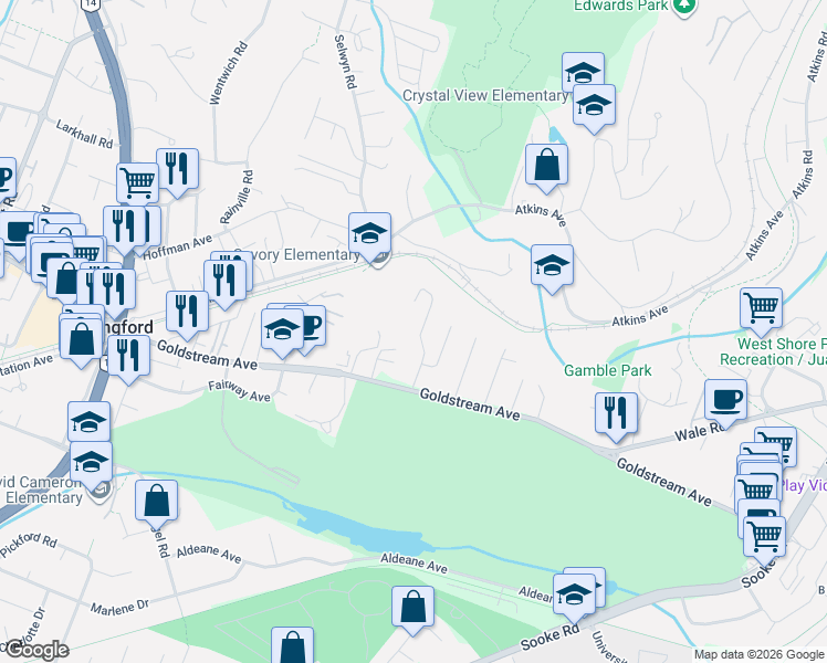 map of restaurants, bars, coffee shops, grocery stores, and more near 2776 Penelope Place in Victoria