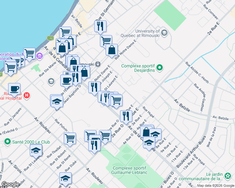 map of restaurants, bars, coffee shops, grocery stores, and more near 38 Rue Duchesne in Rimouski