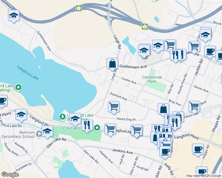 map of restaurants, bars, coffee shops, grocery stores, and more near 1080 Dunford Avenue in Victoria