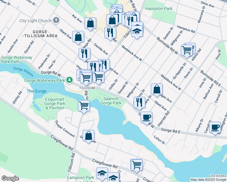 map of restaurants, bars, coffee shops, grocery stores, and more near 200 Gorge Road West in Victoria