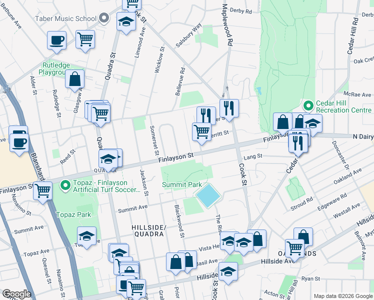 map of restaurants, bars, coffee shops, grocery stores, and more near 3108 Mars Street in Victoria