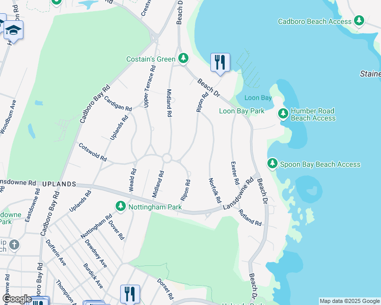 map of restaurants, bars, coffee shops, grocery stores, and more near 3225 Ripon Road in Victoria