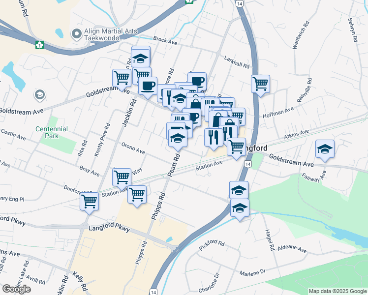 map of restaurants, bars, coffee shops, grocery stores, and more near 785 Hockley Avenue in Victoria