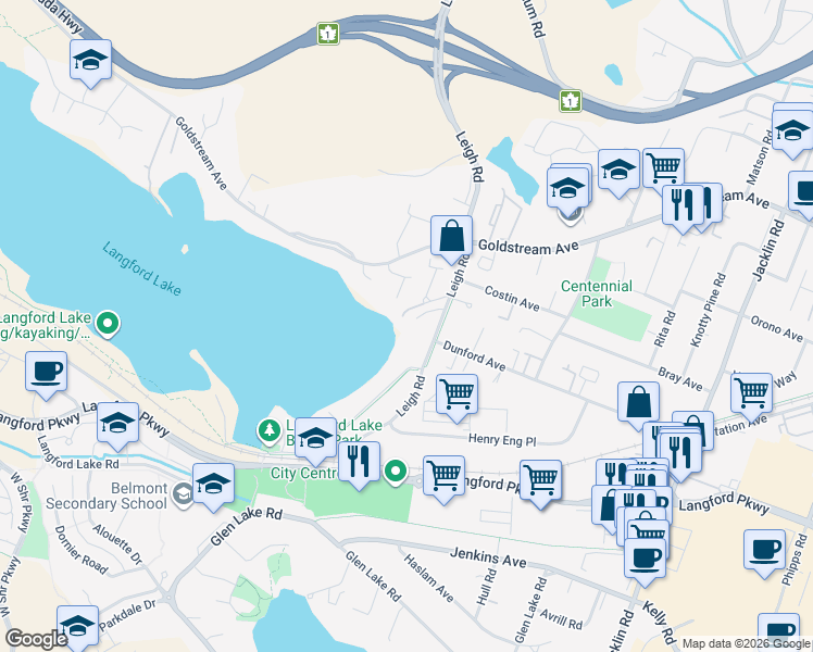 map of restaurants, bars, coffee shops, grocery stores, and more near 2904 Leigh Road in Victoria