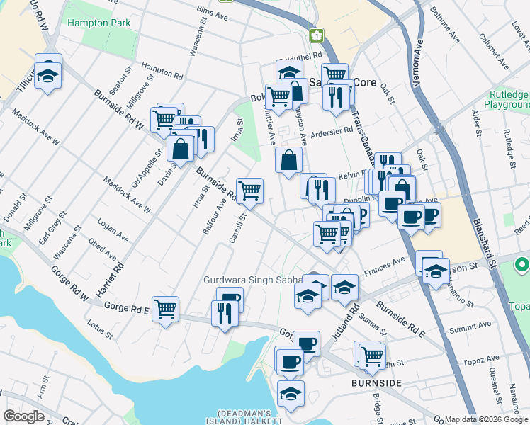 map of restaurants, bars, coffee shops, grocery stores, and more near 384 Burnside Road East in Victoria