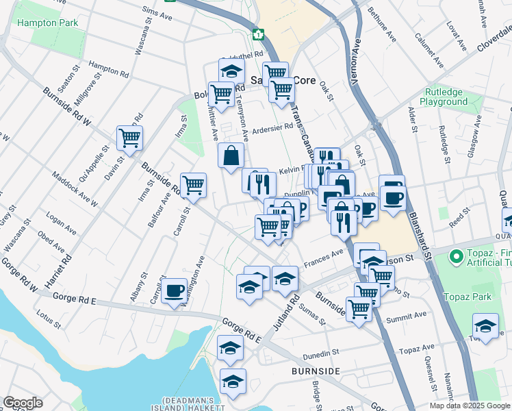 map of restaurants, bars, coffee shops, grocery stores, and more near 505 Tolmie Lane in Victoria