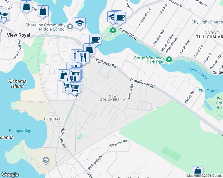 map of restaurants, bars, coffee shops, grocery stores, and more near 39 1545 Middle Road in Victoria