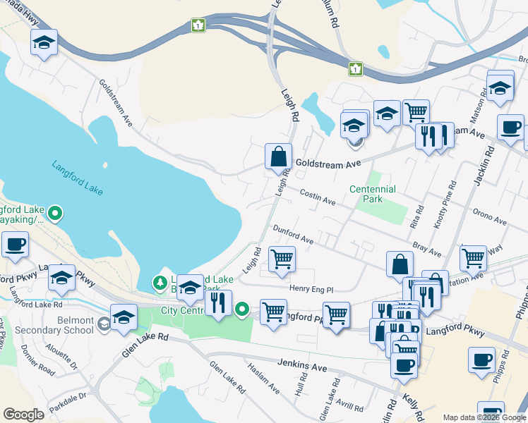 map of restaurants, bars, coffee shops, grocery stores, and more near Flute Lane in Langford