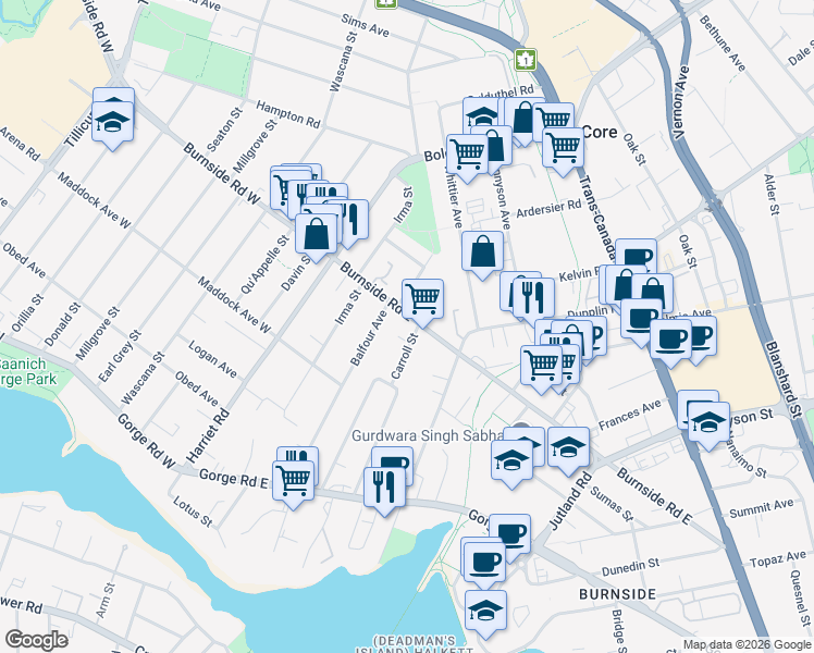 map of restaurants, bars, coffee shops, grocery stores, and more near 3169 Carroll Street in Victoria