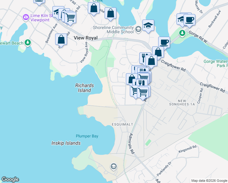 map of restaurants, bars, coffee shops, grocery stores, and more near 140 Hallowell Road in Victoria