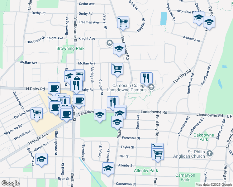 map of restaurants, bars, coffee shops, grocery stores, and more near 3180 Frechette Street in Victoria