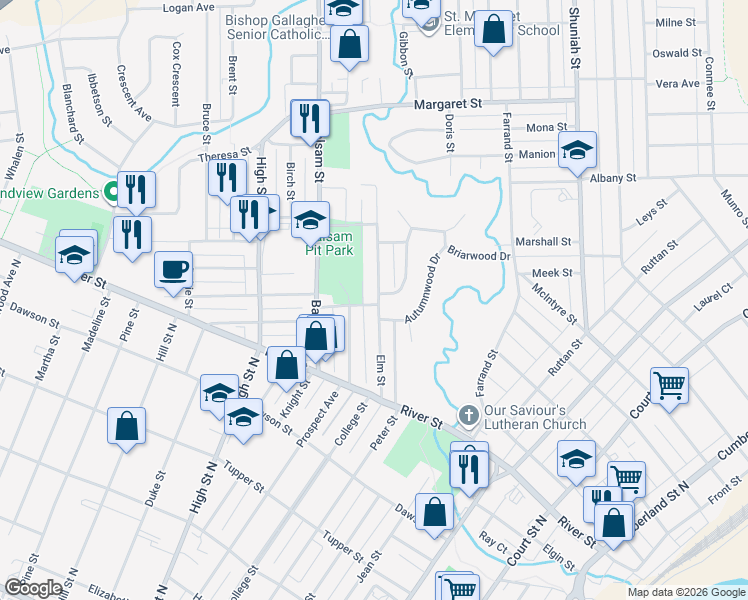 map of restaurants, bars, coffee shops, grocery stores, and more near 84 Elm Street in Thunder Bay
