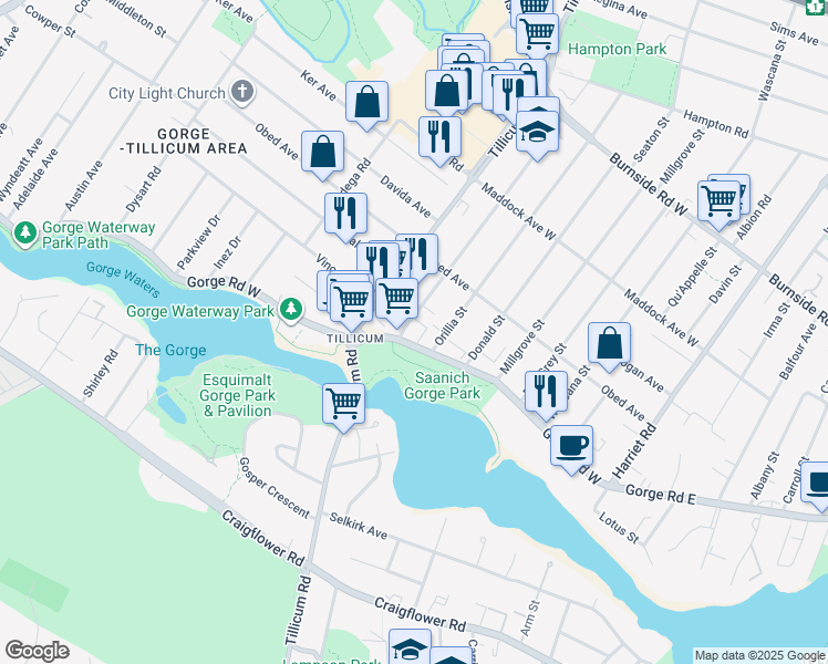 map of restaurants, bars, coffee shops, grocery stores, and more near 250 Gorge Road West in Victoria