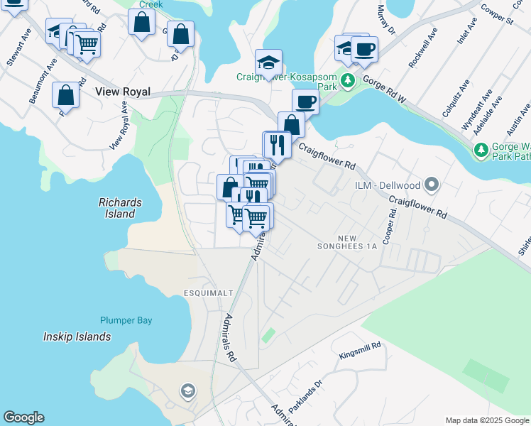 map of restaurants, bars, coffee shops, grocery stores, and more near 1498 Admirals Road in Victoria