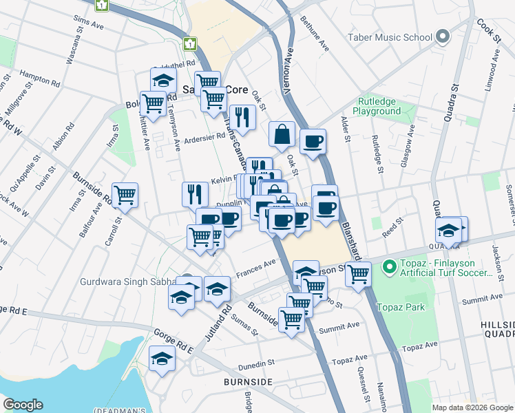 map of restaurants, bars, coffee shops, grocery stores, and more near 211 Dupplin Road in Victoria