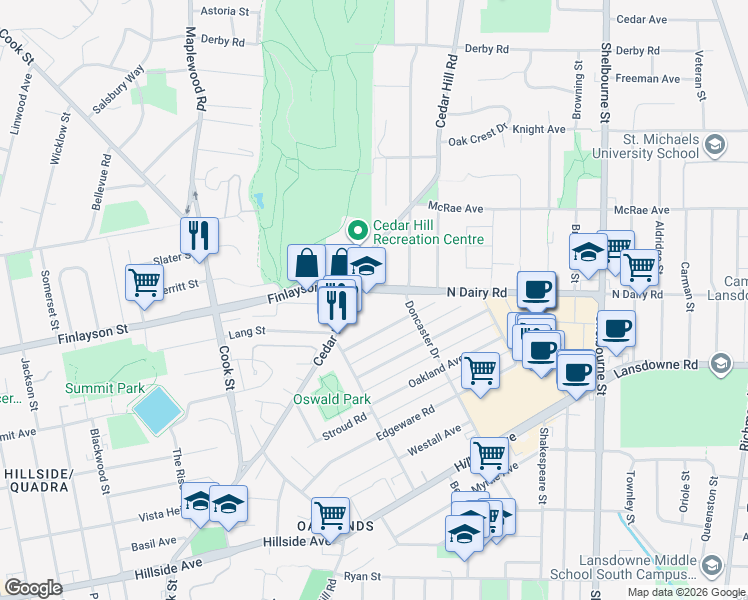 map of restaurants, bars, coffee shops, grocery stores, and more near 3221 Cedar Hill Road in Victoria