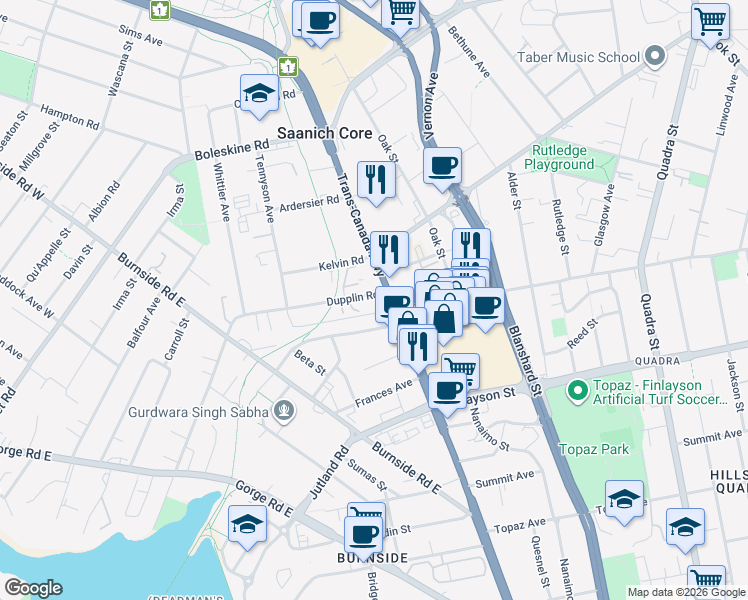 map of restaurants, bars, coffee shops, grocery stores, and more near 211 Dupplin Road in Victoria