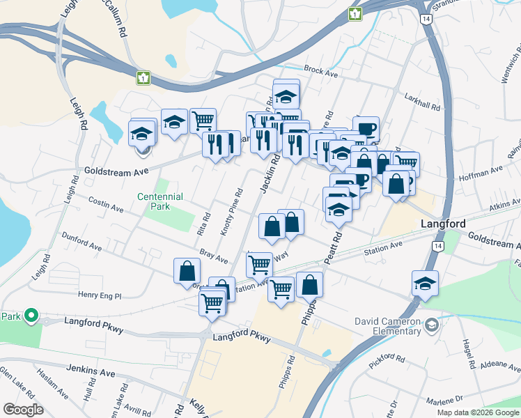 map of restaurants, bars, coffee shops, grocery stores, and more near 103 Jacklin Road in Victoria