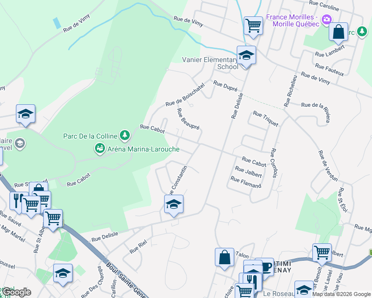 map of restaurants, bars, coffee shops, grocery stores, and more near 112 Rue du Ruisseau in Saguenay