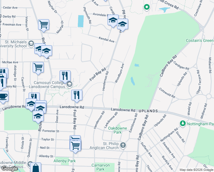 map of restaurants, bars, coffee shops, grocery stores, and more near 1222 Wessex Crescent in Victoria