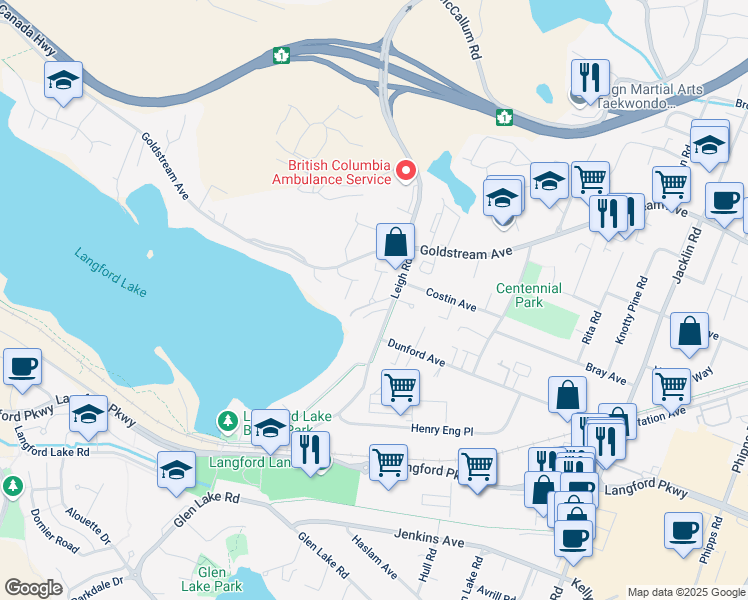 map of restaurants, bars, coffee shops, grocery stores, and more near 1130 Kiwi Road in Victoria