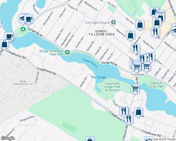 map of restaurants, bars, coffee shops, grocery stores, and more near 1174 Rhoda Lane in Victoria