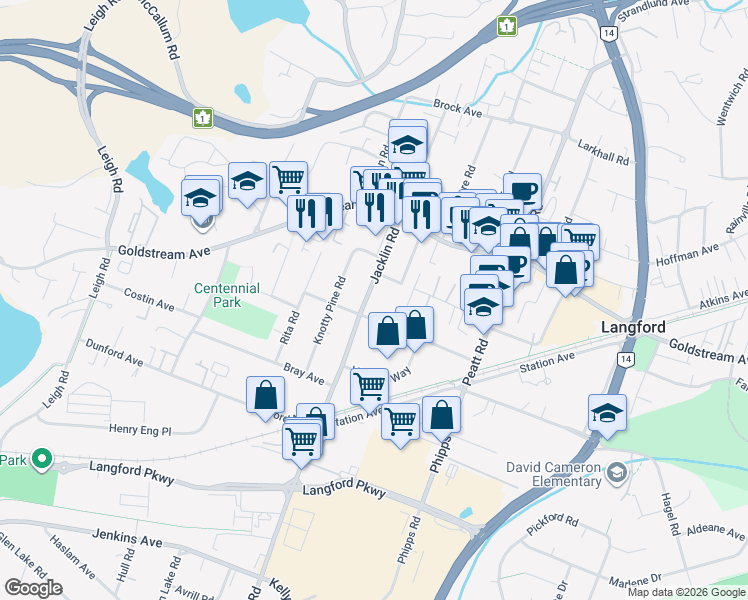 map of restaurants, bars, coffee shops, grocery stores, and more near 103 Jacklin Road in Victoria