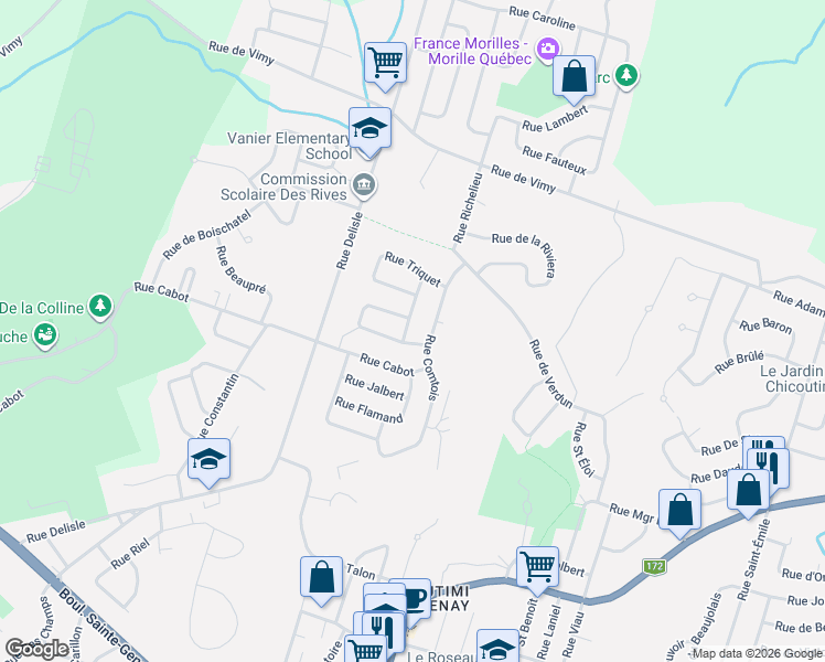 map of restaurants, bars, coffee shops, grocery stores, and more near 106 Rue de Lorraine in Saguenay