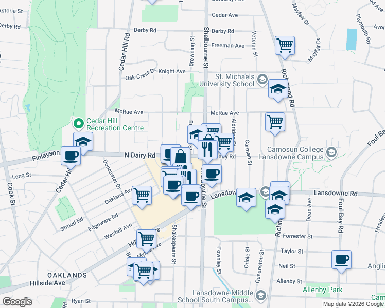 map of restaurants, bars, coffee shops, grocery stores, and more near 3200 Browning Street in Victoria
