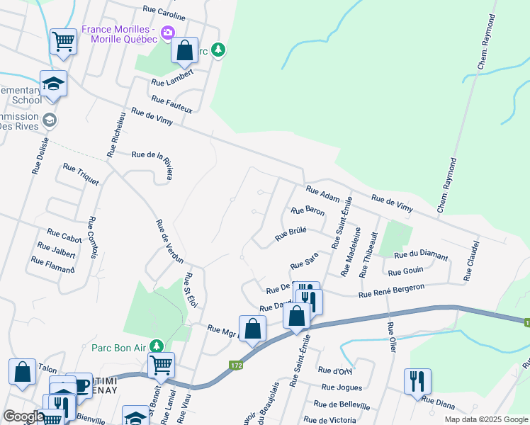 map of restaurants, bars, coffee shops, grocery stores, and more near 169 Rue Pierre de la Vérendrye in Saguenay