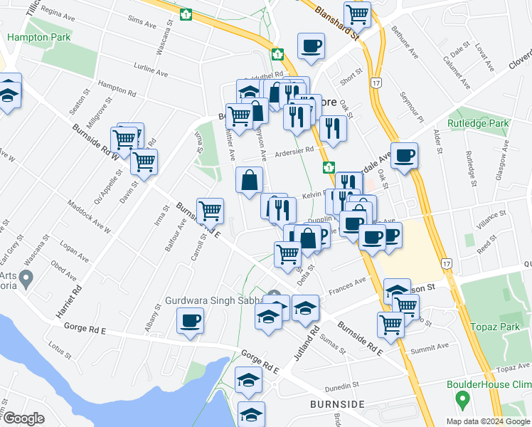 map of restaurants, bars, coffee shops, grocery stores, and more near 3298 Tennyson Avenue in Victoria