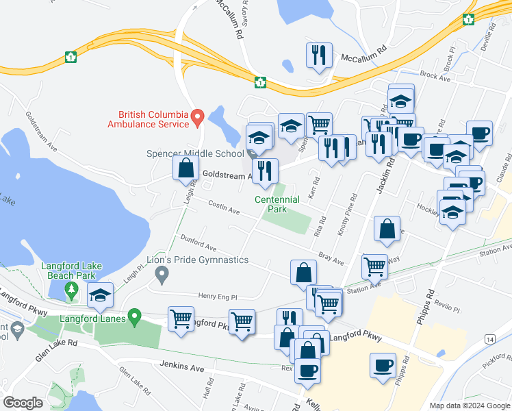 map of restaurants, bars, coffee shops, grocery stores, and more near 2844 Carlow Road in Victoria