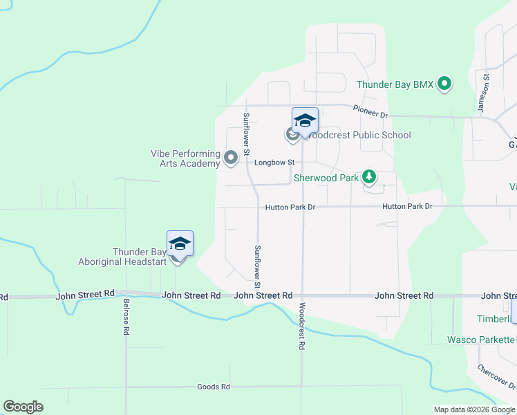 map of restaurants, bars, coffee shops, grocery stores, and more near Hutton Park Drive in Thunder Bay