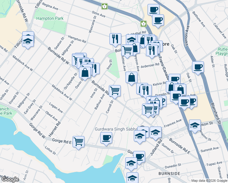 map of restaurants, bars, coffee shops, grocery stores, and more near 3225 Eldon Place in Victoria