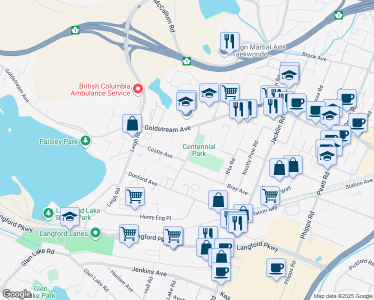 map of restaurants, bars, coffee shops, grocery stores, and more near 2844 Carlow Road in Victoria