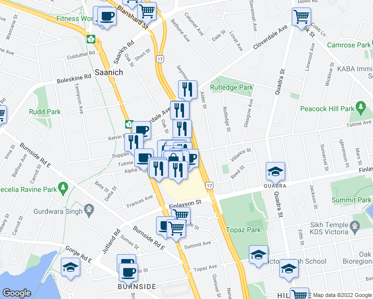 map of restaurants, bars, coffee shops, grocery stores, and more near 800 Tolmie Avenue in Victoria