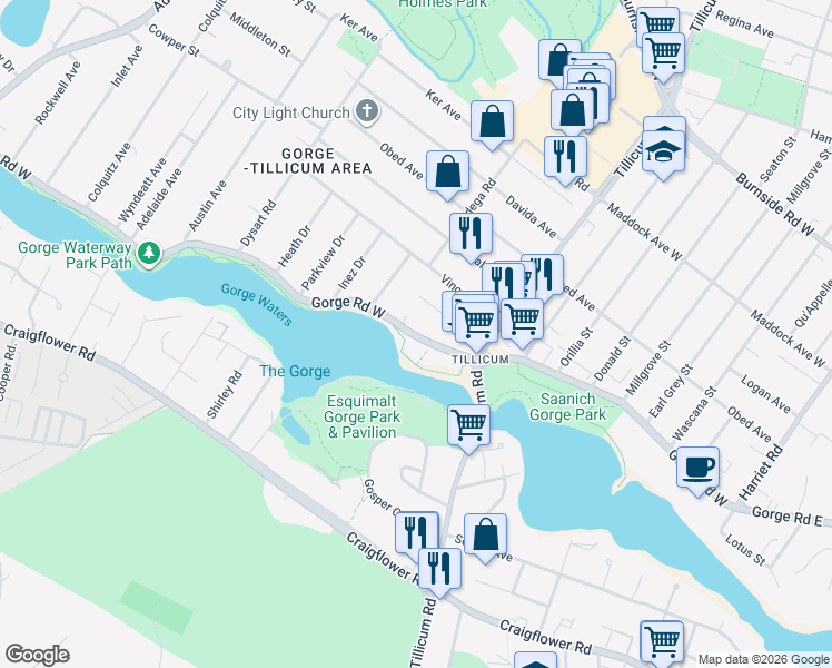 map of restaurants, bars, coffee shops, grocery stores, and more near 368 Gorge Road West in Victoria