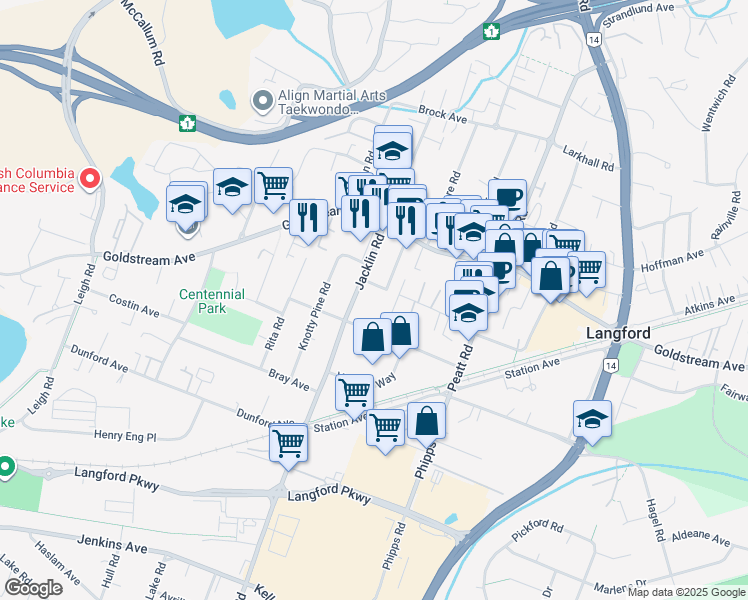 map of restaurants, bars, coffee shops, grocery stores, and more near 894 Hockley Avenue in Victoria